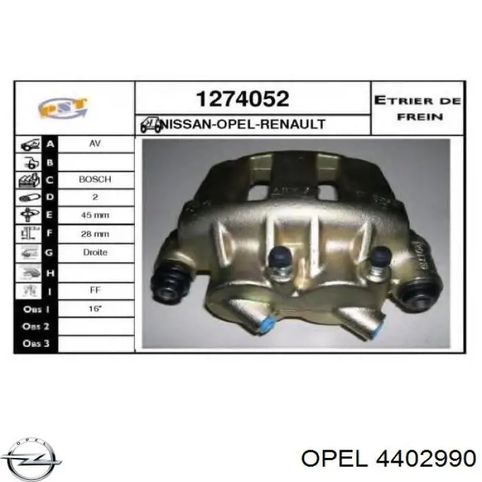Супорт гальмівний передній правий Opel 4402990 ціна, від 48.51 USD