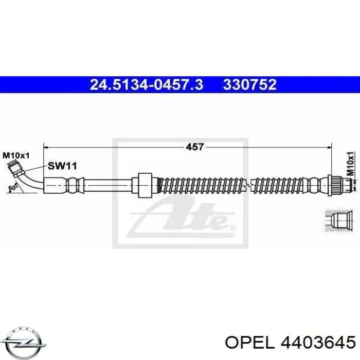 Шланг гальмівний передній 4403645 Opel