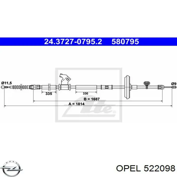 Трос ручного гальма задній, правий 522098 Opel