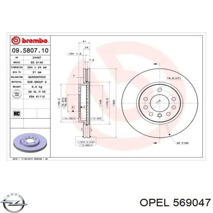 569047 Opel Гальмо дискове переднє