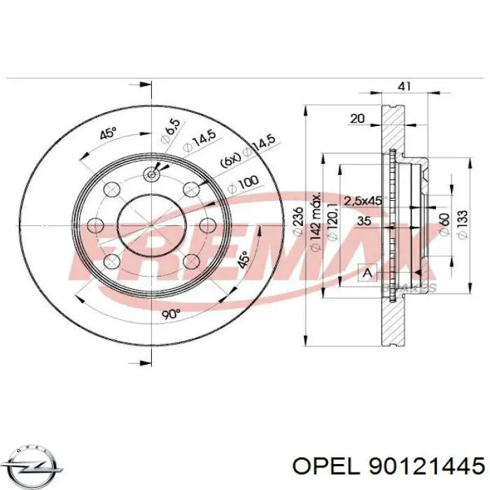 Диск переднього гальма Opel 90121445 ціна, від 20.90 USD