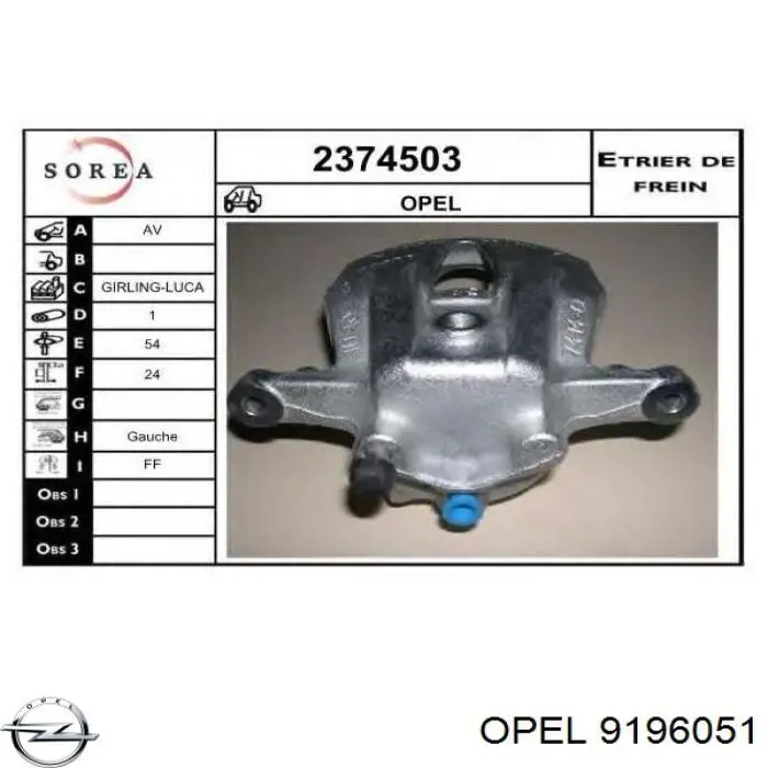 Купити 9196051 Opel Супорт гальмівний передній лівий