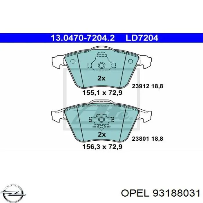 Колодки гальмівні передні, дискові 93188031 Opel