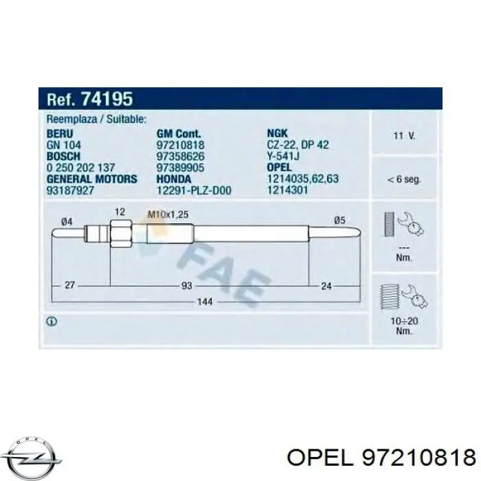 Купити 97210818 Opel Свічка накалу