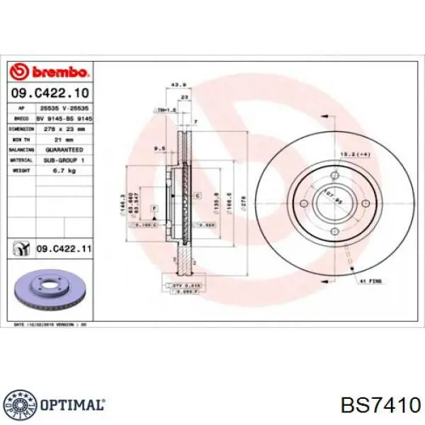 Диск гальмівний передній Optimal BS7410