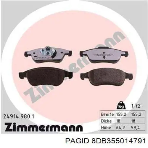 Передні тормозні колодки 8DB355014791 HELLA-PAGID