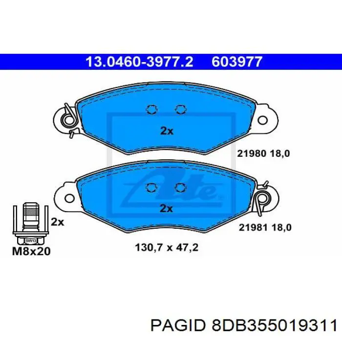 Колодки гальмівні передні, дискові 8DB355019311 HELLA-PAGID