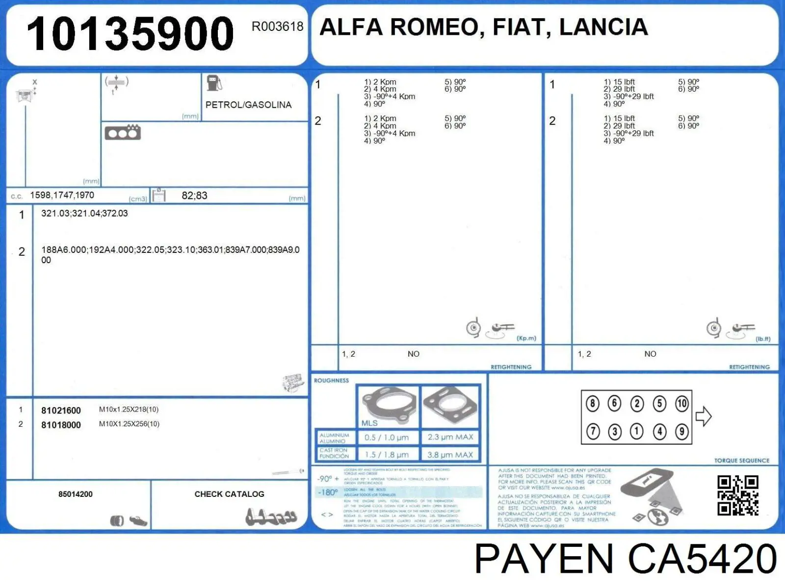 71717685 Fiat/Alfa/Lancia комплект прокладок двигуна, верхній