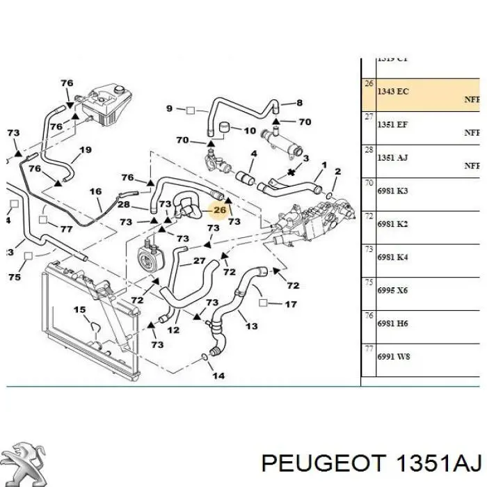 1351AJ Peugeot/Citroen шланг (патрубок охолодження масляного теплообмінника, відведення)