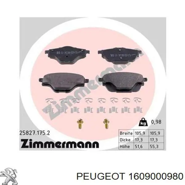 1609000980 Peugeot/Citroen Колодки гальмівні задні, дискові