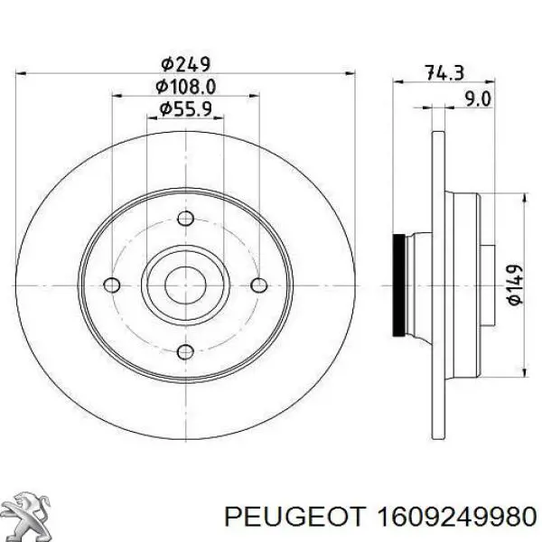 Купити 1609249980 Peugeot/Citroen Диск заднього гальма