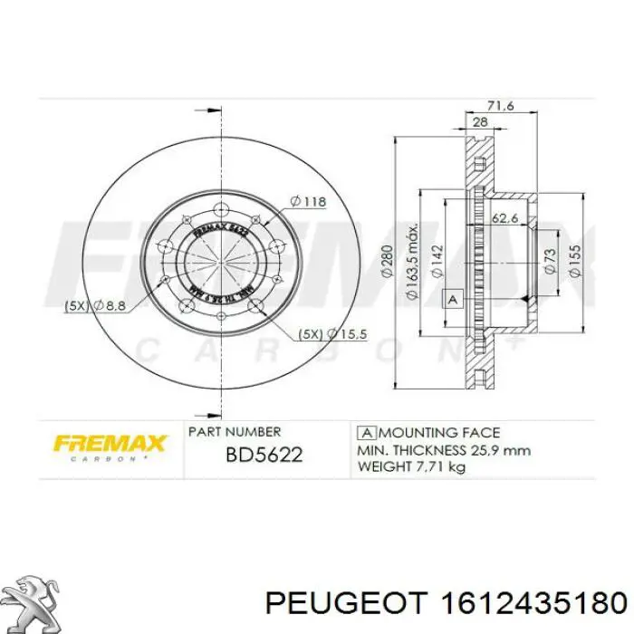 Гальмівні диски передні 1612435180 Peugeot/Citroen