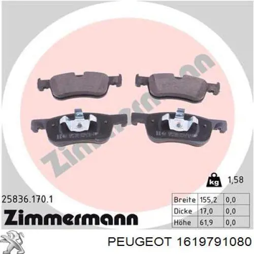 Передні тормозні колодки 1619791080 Peugeot/Citroen