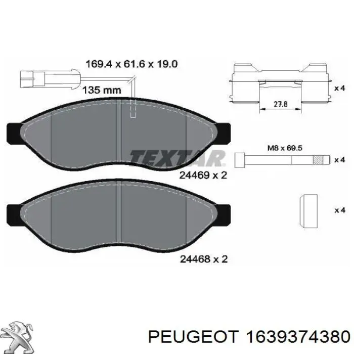 Купити 1639374380 Peugeot/Citroen Колодки гальмівні передні, дискові