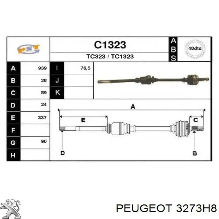 Піввісь передня, права Peugeot/Citroen 3273H8 ціна, від 190.38 USD