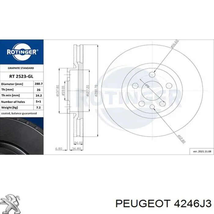 Диск переднього гальма Peugeot/Citroen 4246J3 ціна, від 37.28 USD