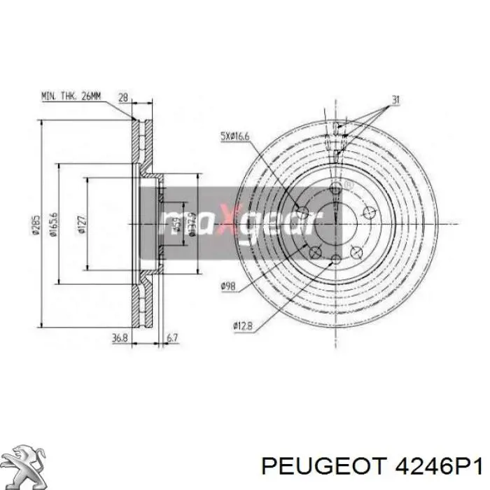 Диск переднього гальма Peugeot/Citroen 4246P1 ціна, від 43.17 USD