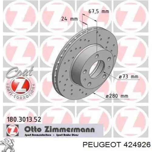 Диск переднього гальма Peugeot/Citroen 424926 ціна, від 37.37 USD