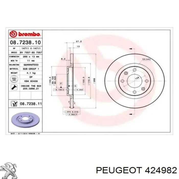 Диск переднього гальма Peugeot/Citroen 424982 ціна, від 29.13 USD