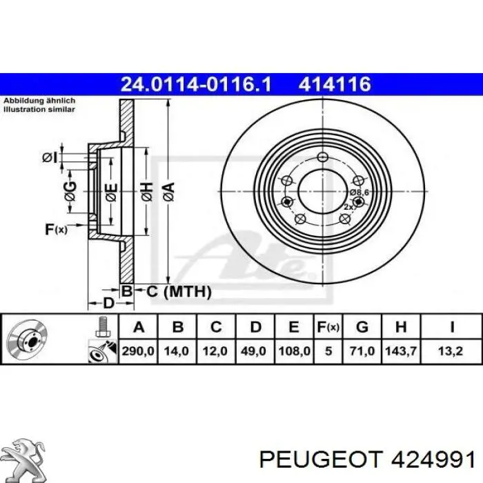 Купити 424991 Peugeot/Citroen Диск заднього гальма