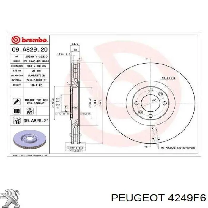Диск переднього гальма Peugeot/Citroen 4249F6 ціна, від 69.23 USD