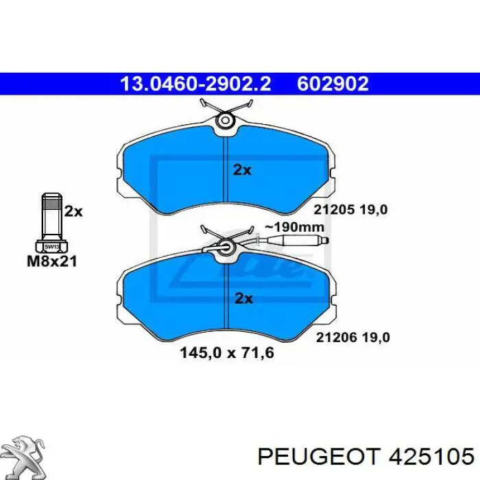 Передні тормозні колодки 425105 Peugeot/Citroen