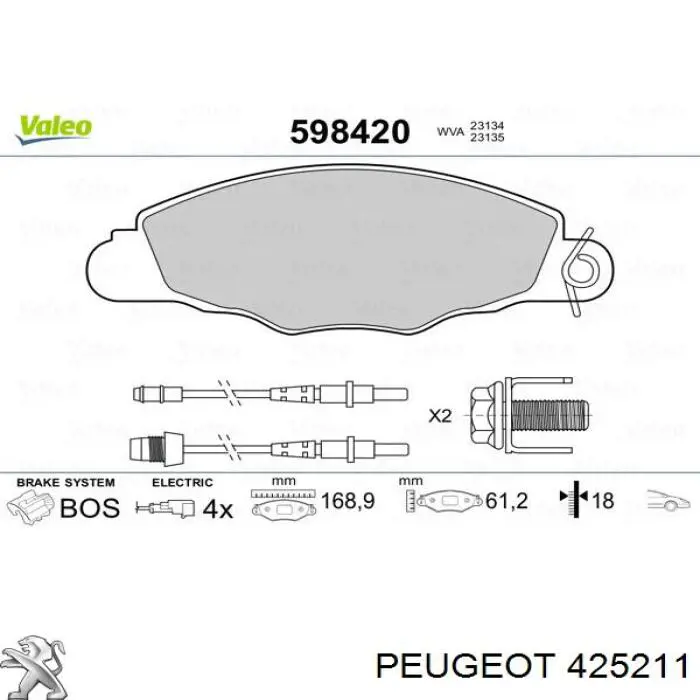 Купити 425211 Peugeot/Citroen Колодки гальмівні передні, дискові