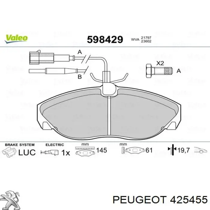 Гальмівні колодки Peugeot/Citroen 425455 ціна, від 23.79 USD