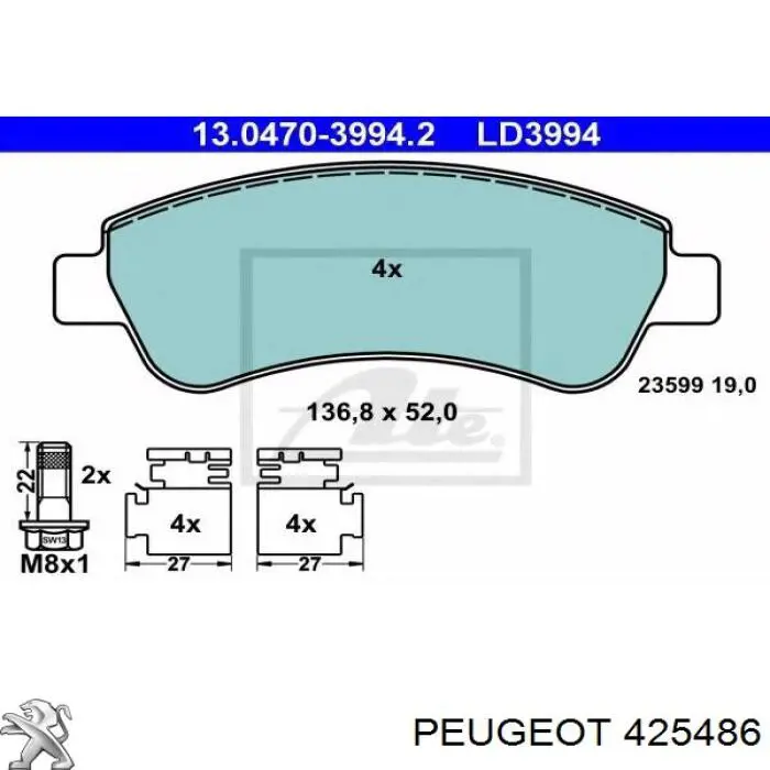 Передні тормозні колодки 425486 Peugeot/Citroen