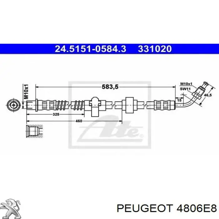 Шланг гальмівний задній, правий 4806E8 Peugeot/Citroen