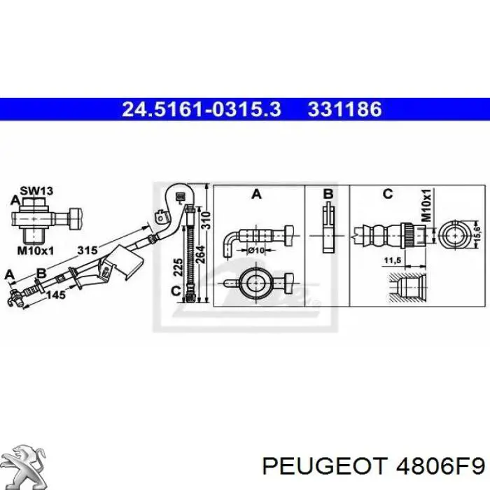 Купити 4806F9 Peugeot/Citroen Шланг гальмівний передній, лівий