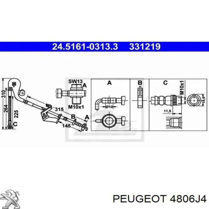 Купити 4806J4 Peugeot/Citroen Шланг гальмівний передній, правий