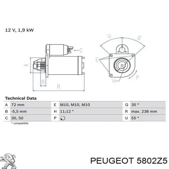Стартер Peugeot/Citroen 5802Z5 ціна, від 50.96 USD