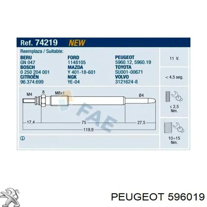 Свіча накалу Peugeot/Citroen 596019 ціна, від 9.85 USD