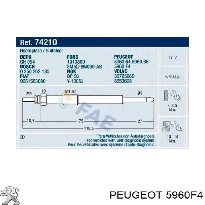 Свіча накалу Peugeot/Citroen 5960F4 ціна, від 10.14 USD
