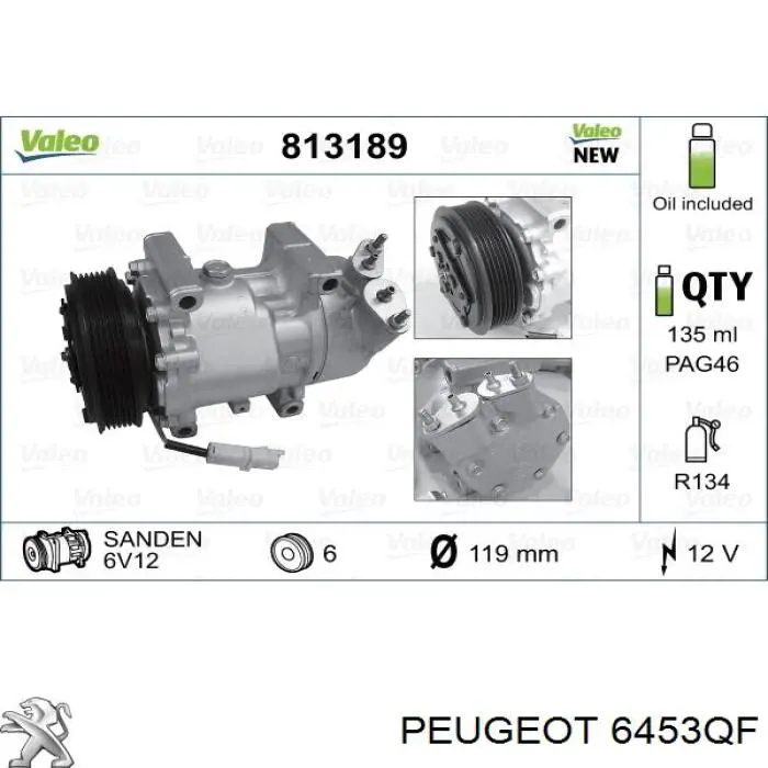 Компресор системи кондиціювання Peugeot/Citroen 6453QF ціна, від 82.35 USD