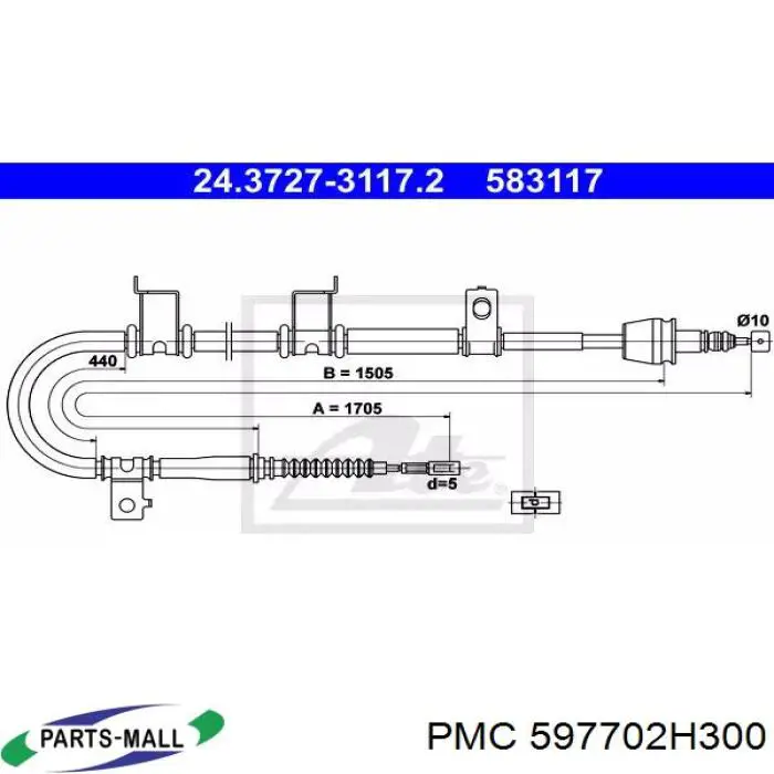 Купити 597702H300 Parts-Mall Трос ручного гальма задній, правий