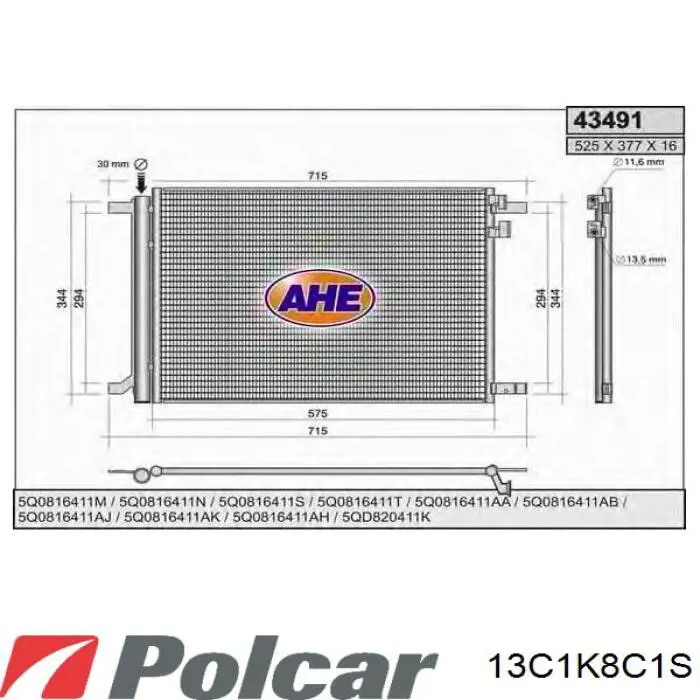 Радіатор кондиціонера 13C1K8C1S Polcar