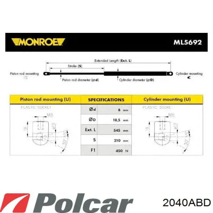 2040ABD Polcar амортизатор кришки багажника/ двері 3/5-ї задньої