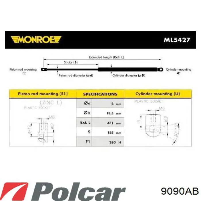 Амортизатор кришки багажника/ двері 3/5-ї задньої 9090AB Polcar