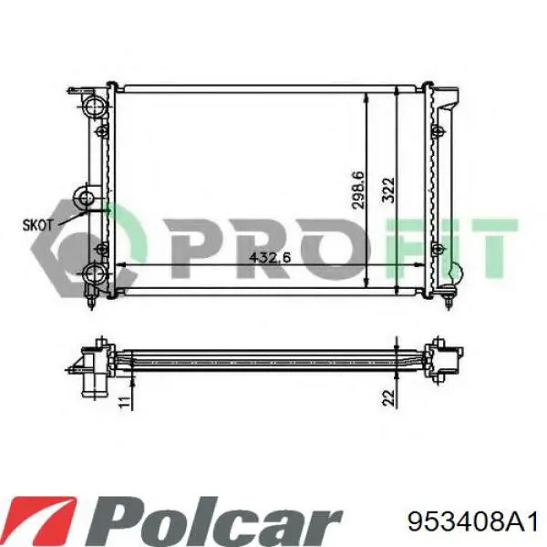 Радіатор охолодження двигуна 953408A1 Polcar