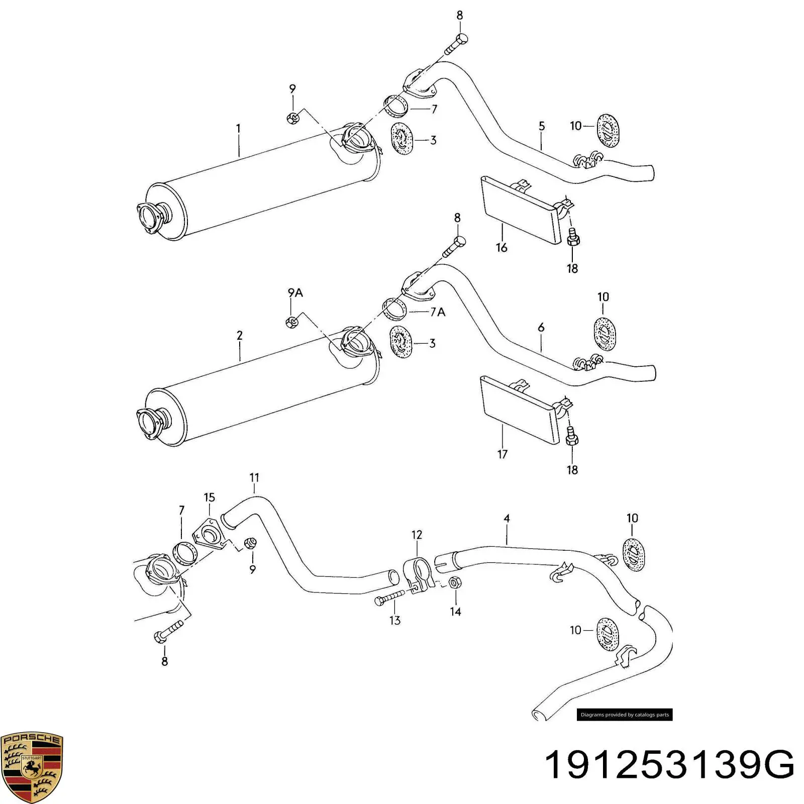 191253139G Porsche З'єднувальні елементи передні, система випуску