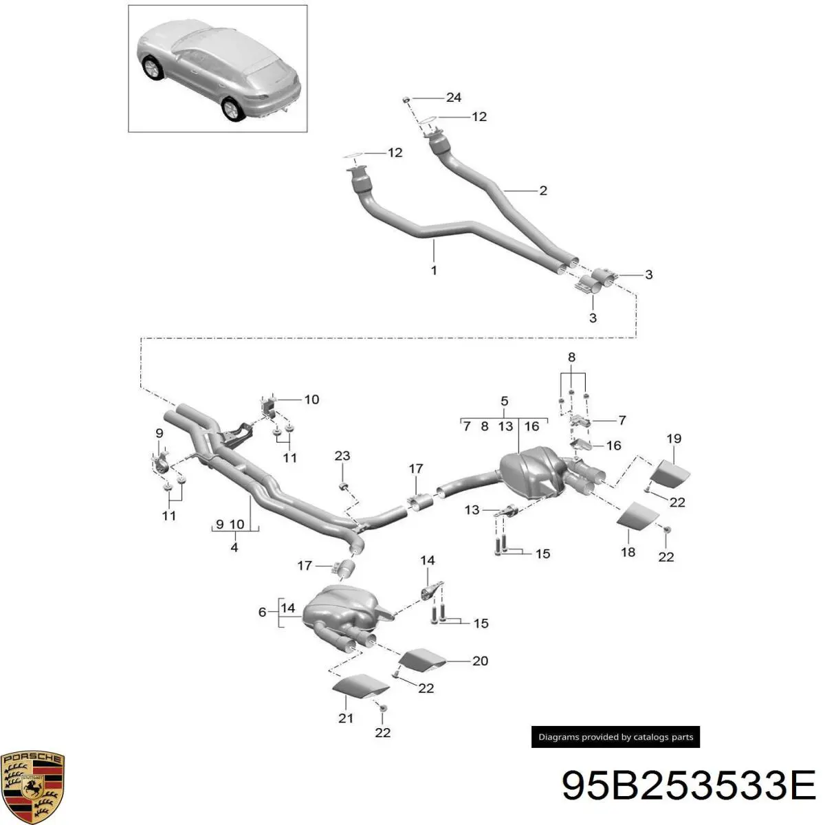 95B253533H Porsche Труба приймальна (штани) глушника, передня, ліва