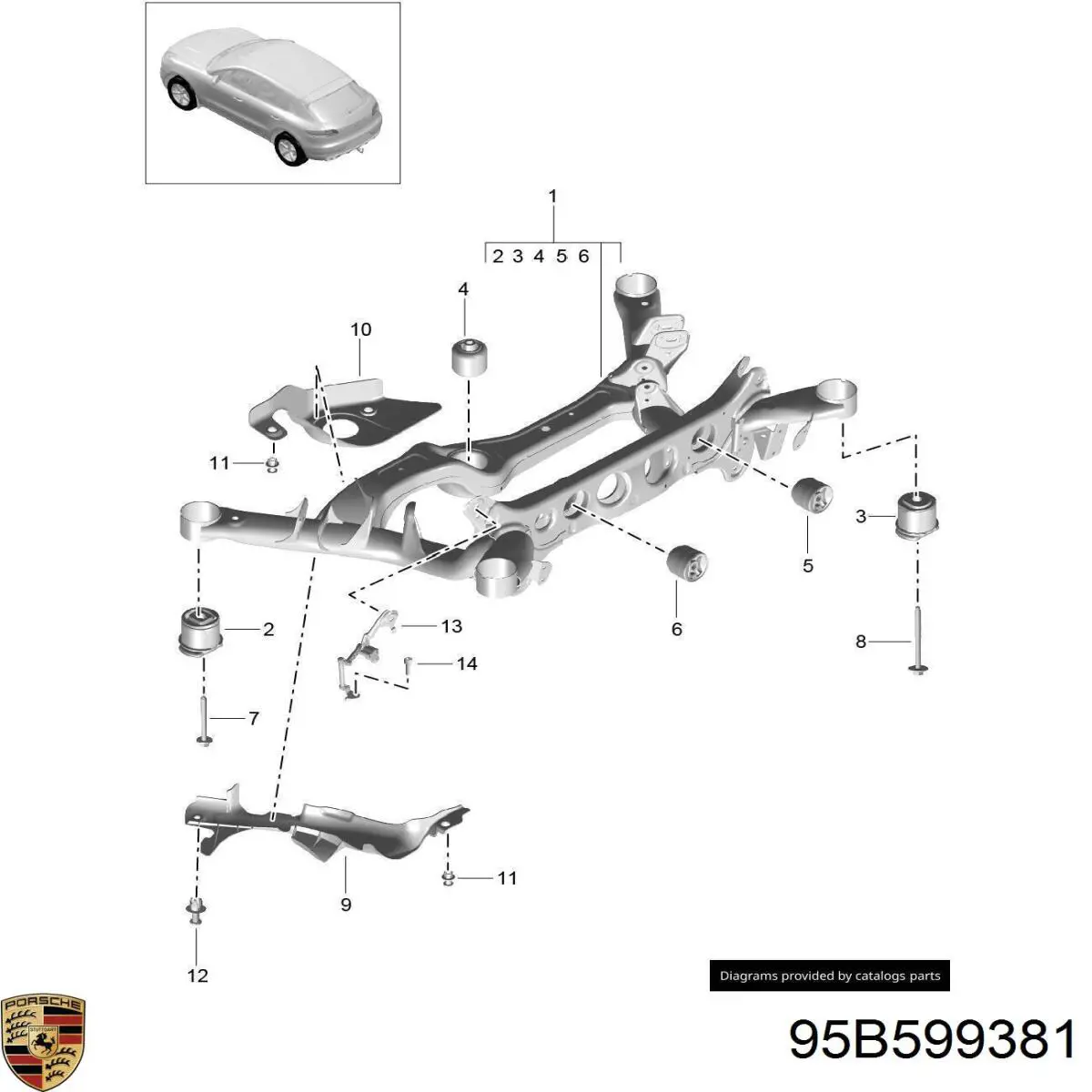 95B599381 Porsche Подушка задньої балки