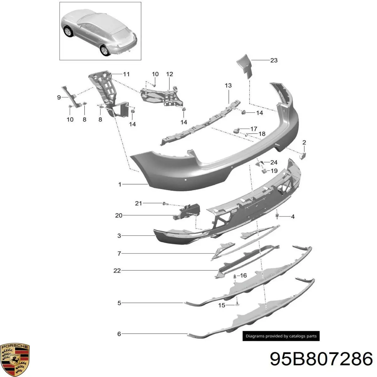 95B807286 Porsche Кронштейн бампера заднього, лівий