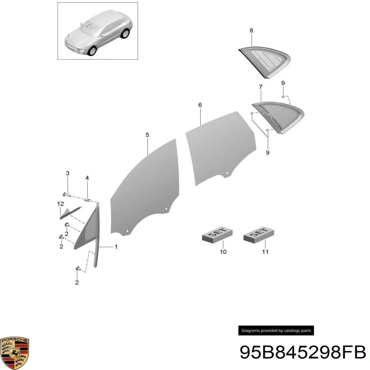 95B845298DB Porsche Скло кузова/багажного відсіку, праве