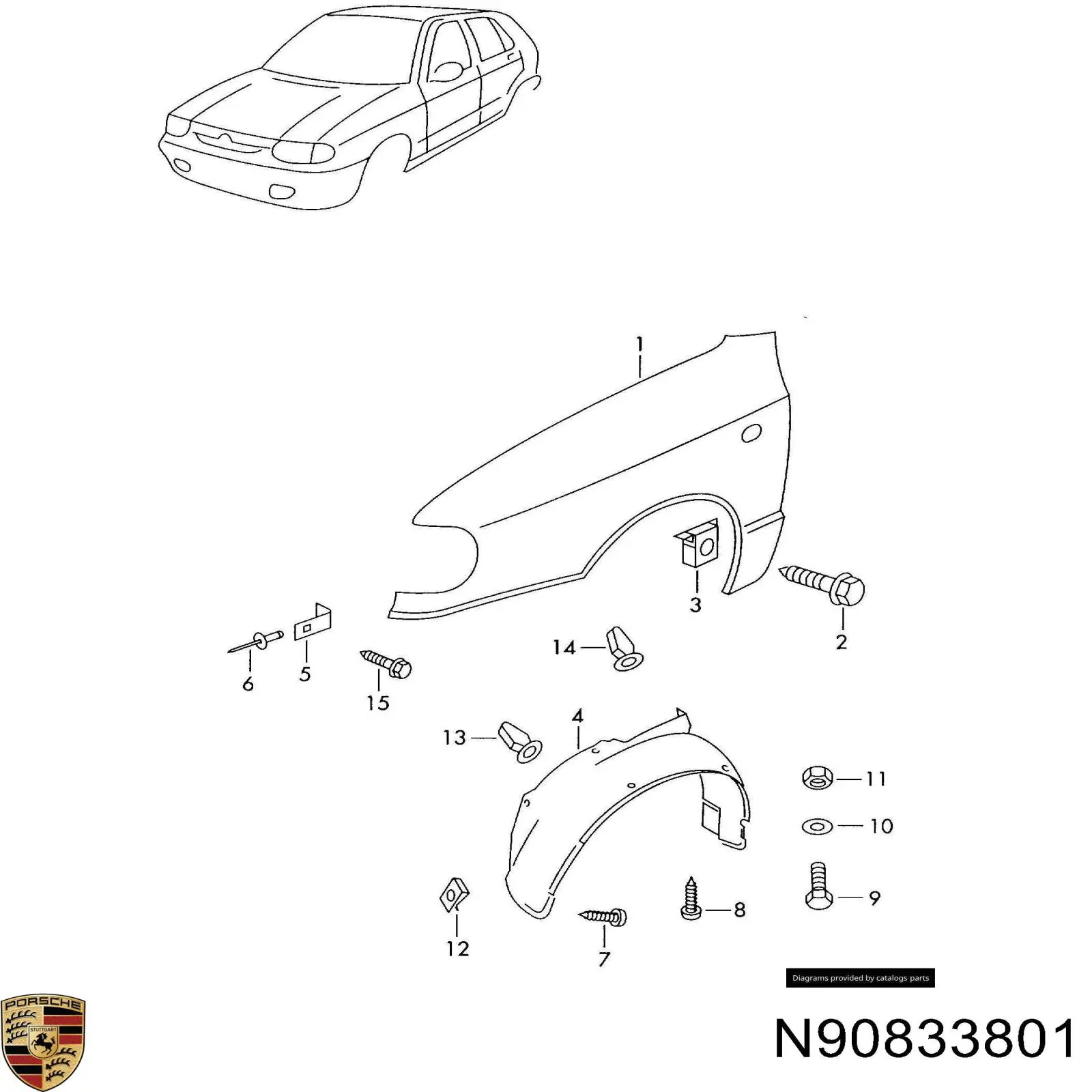 Пістон (кліп) кріплення підкрилки переднього крила N90833801 Porsche