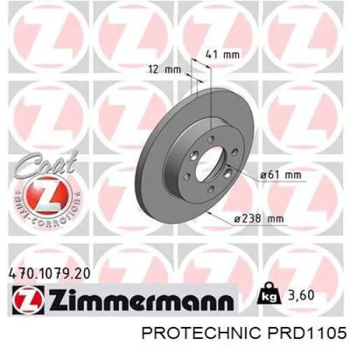 Диск переднього гальма Protechnic PRD1105 ціна, від 19.32 USD