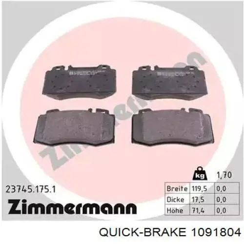 Ремкомплект гальмівних колодок 1091804 Quick Brake