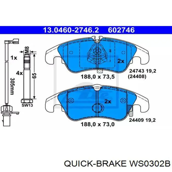 WS0302B Quick Brake датчик зносу гальмівних колодок, передній